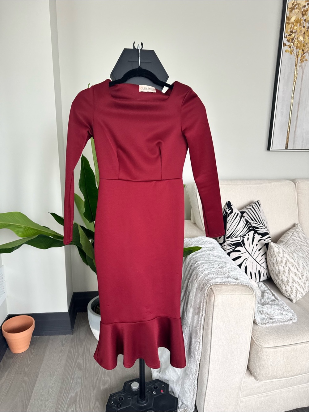 Club L London Wine Red Long Sleeve Ruffle-Hem Midi Dress